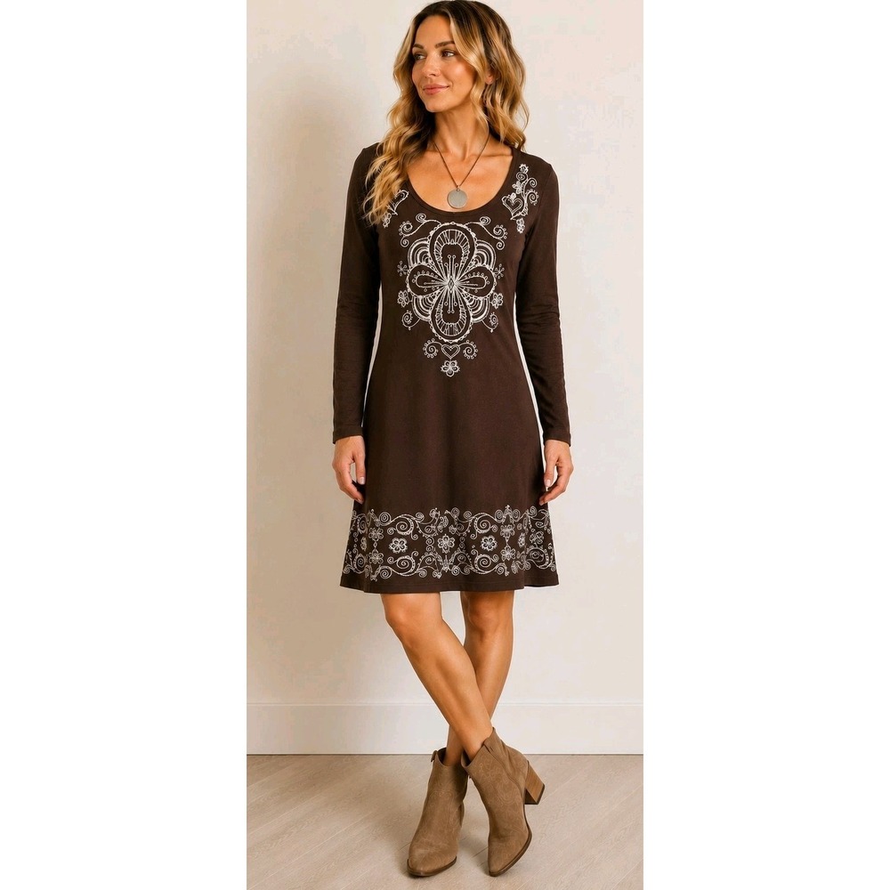 Johnny Was Earthy Brown Embroidered Dress Boho Western Whimsical Small